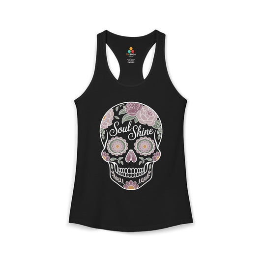 TEEZOCA Soul Shine women’s tank top with floral skull illustration Black tank top with a colorful skull design and 'Soul Shine' text on a white background