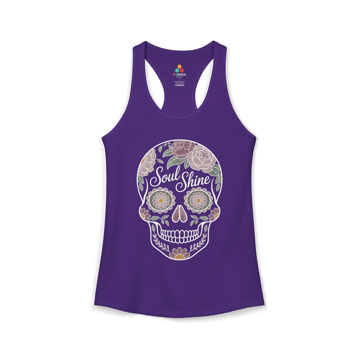 TEEZOCA Soul Shine women’s tank top with floral skull illustration Purple tank top with a skull design and 'Soul Shine' text on a white background