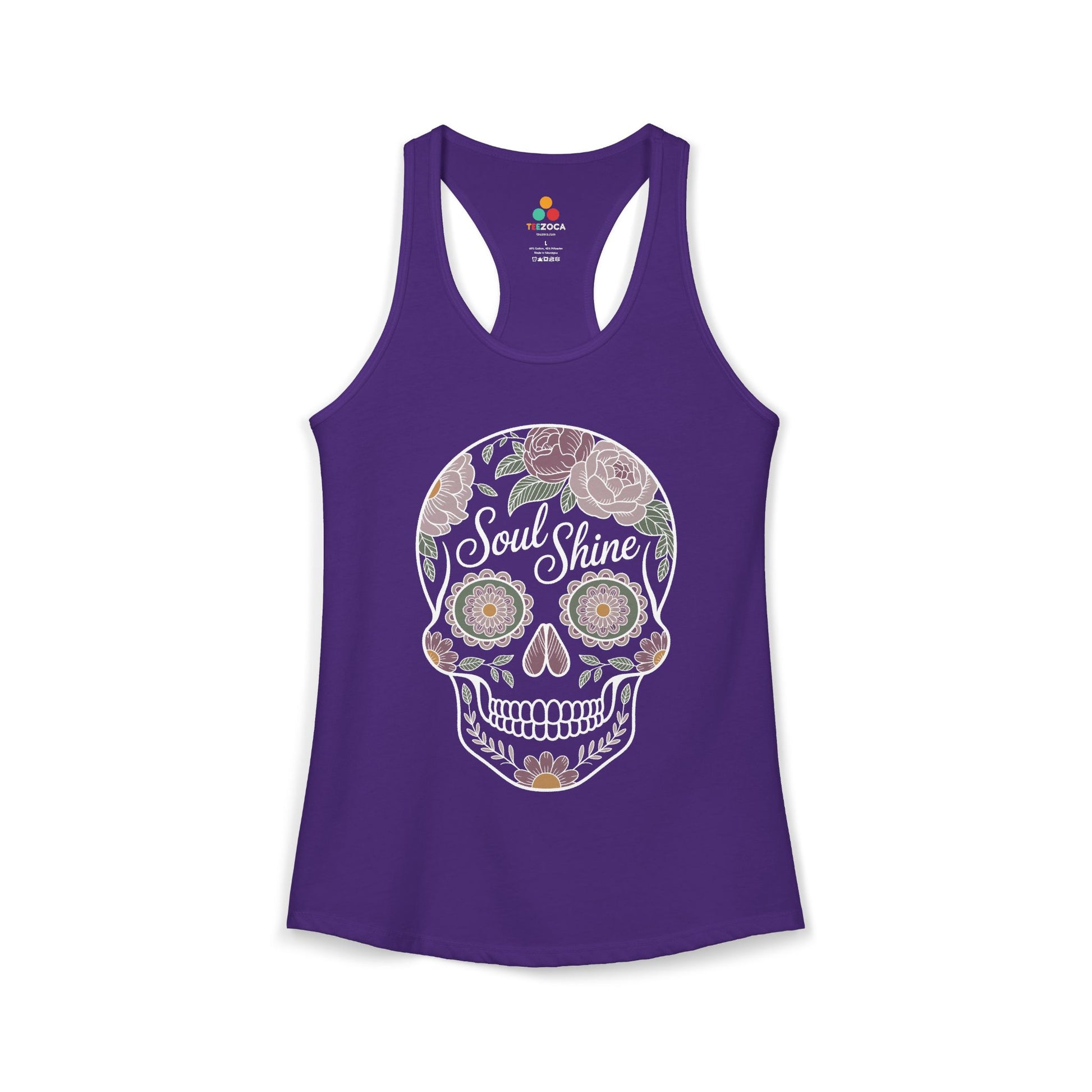 TEEZOCA Soul Shine women’s tank top with floral skull illustration Purple tank top with a skull design and 'Soul Shine' text on a white background