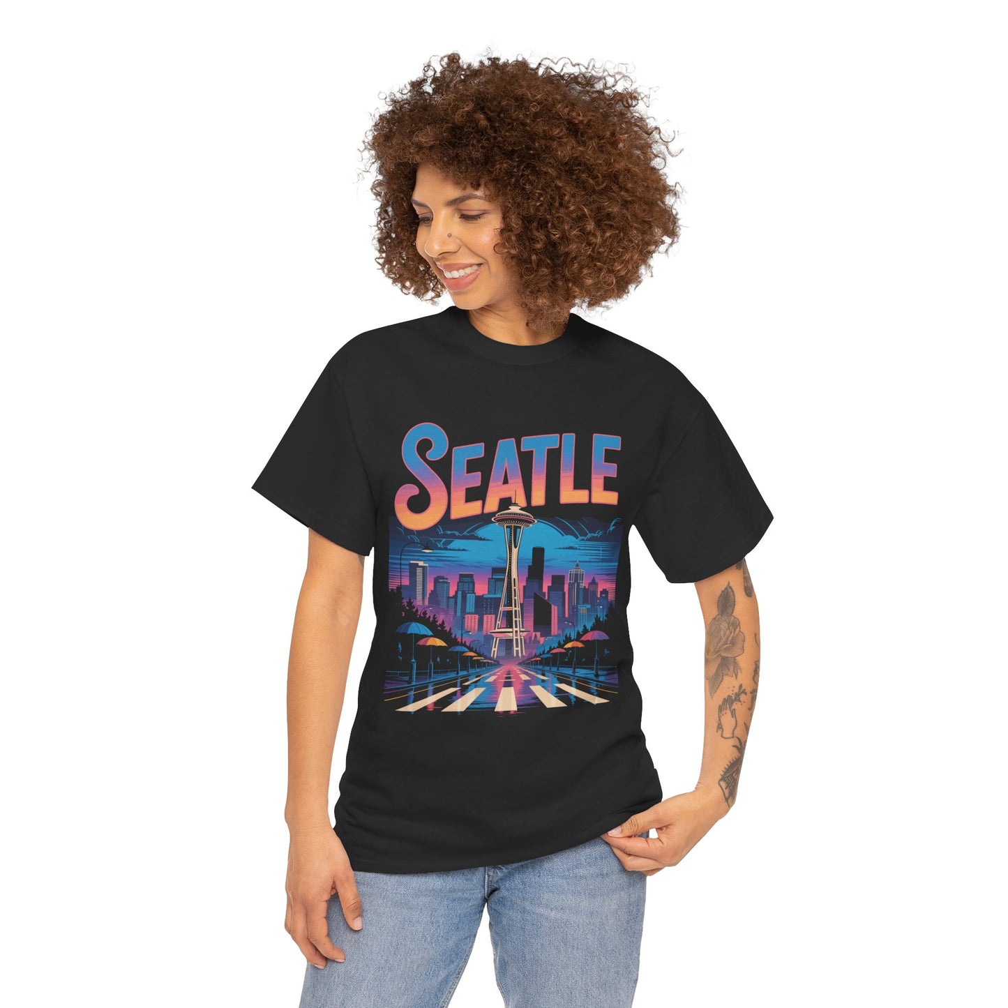Seattle Space Needle Unisex T-shirt Neon Skyline Streetwear Art | TEEZOCA 