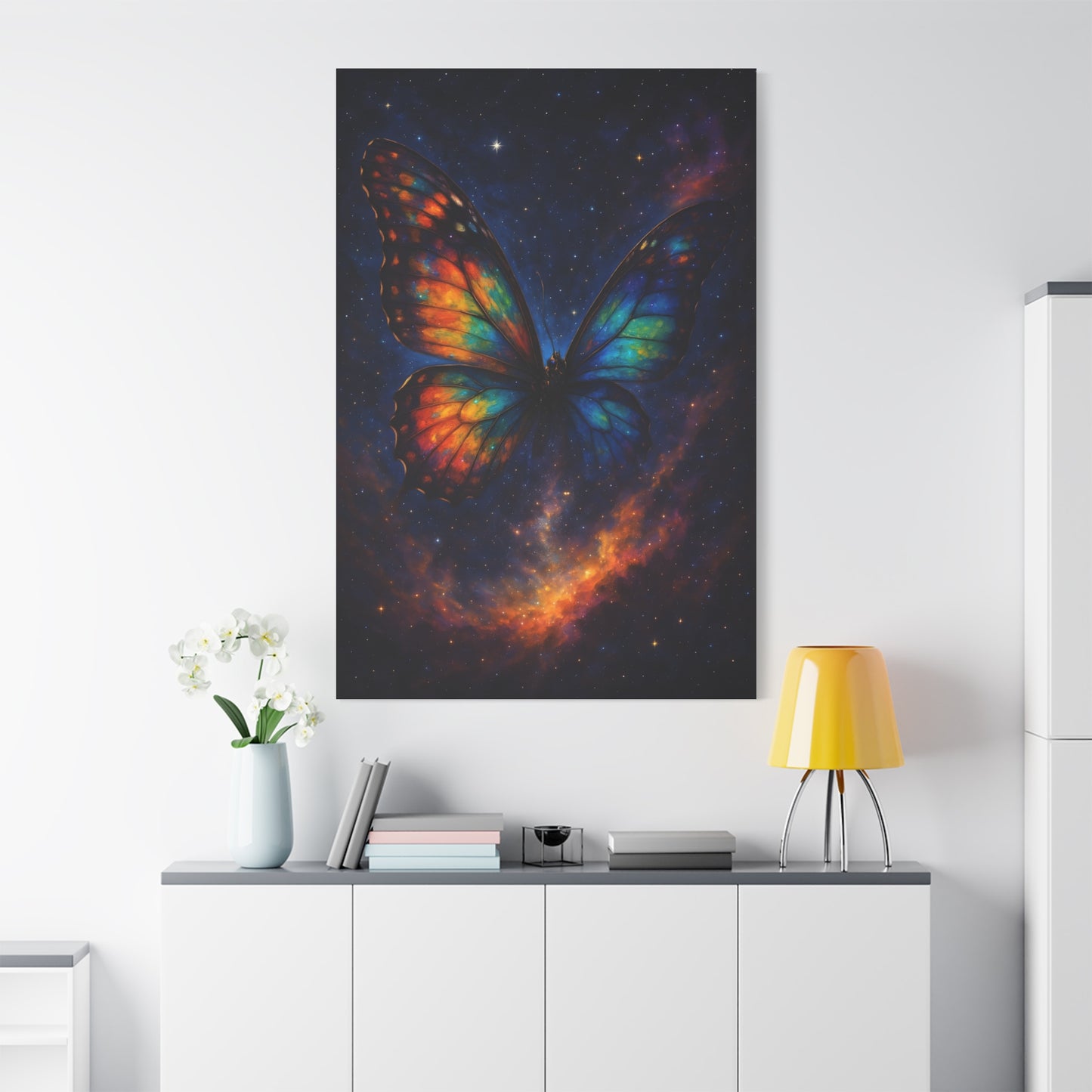 TEEZOCA space vibrant galaxy butterfly wall art styled in a modern living space.