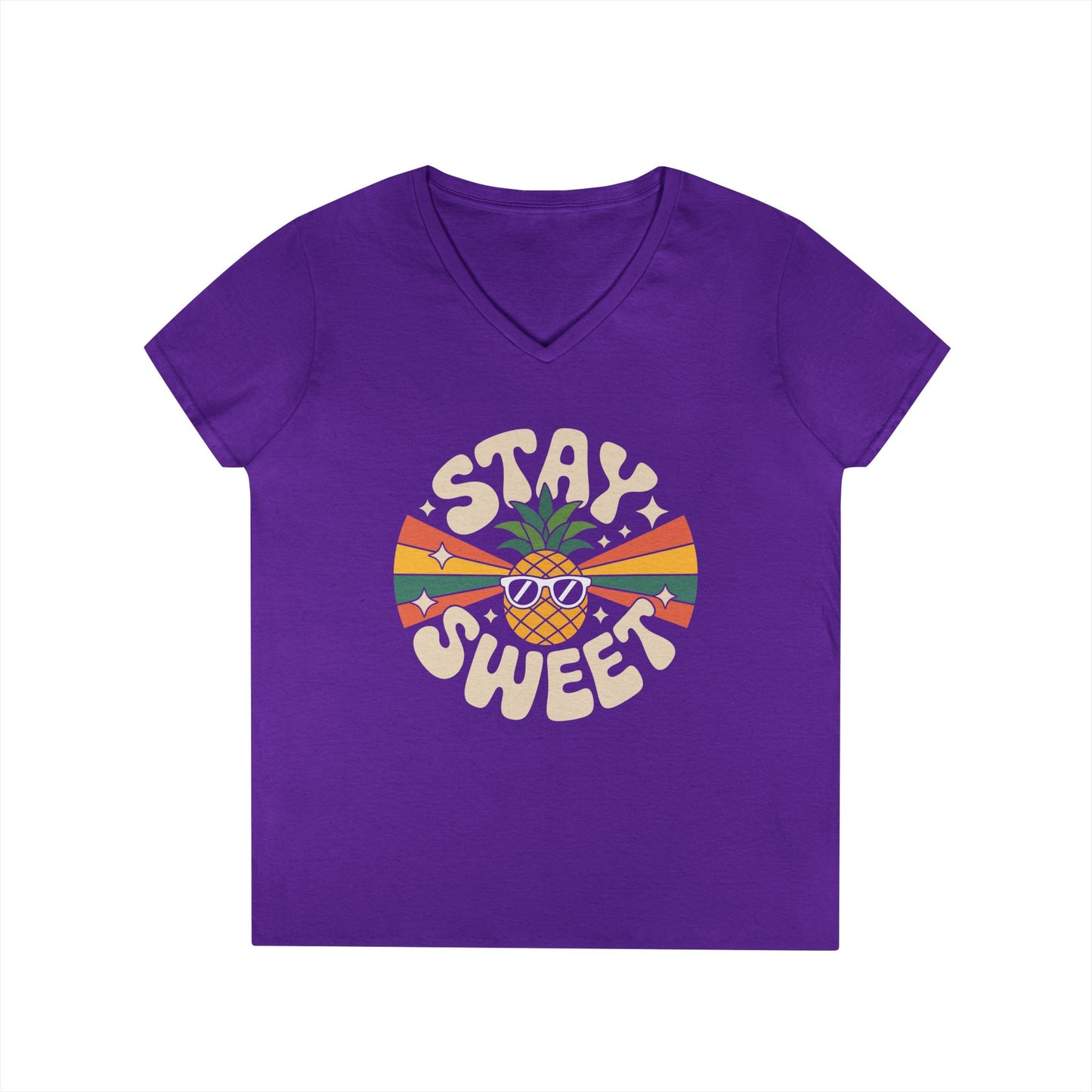Stay Sweet Pineapple V-Neck T-Shirt for Women Retro Summer Vibes Style | TEEZOCA 