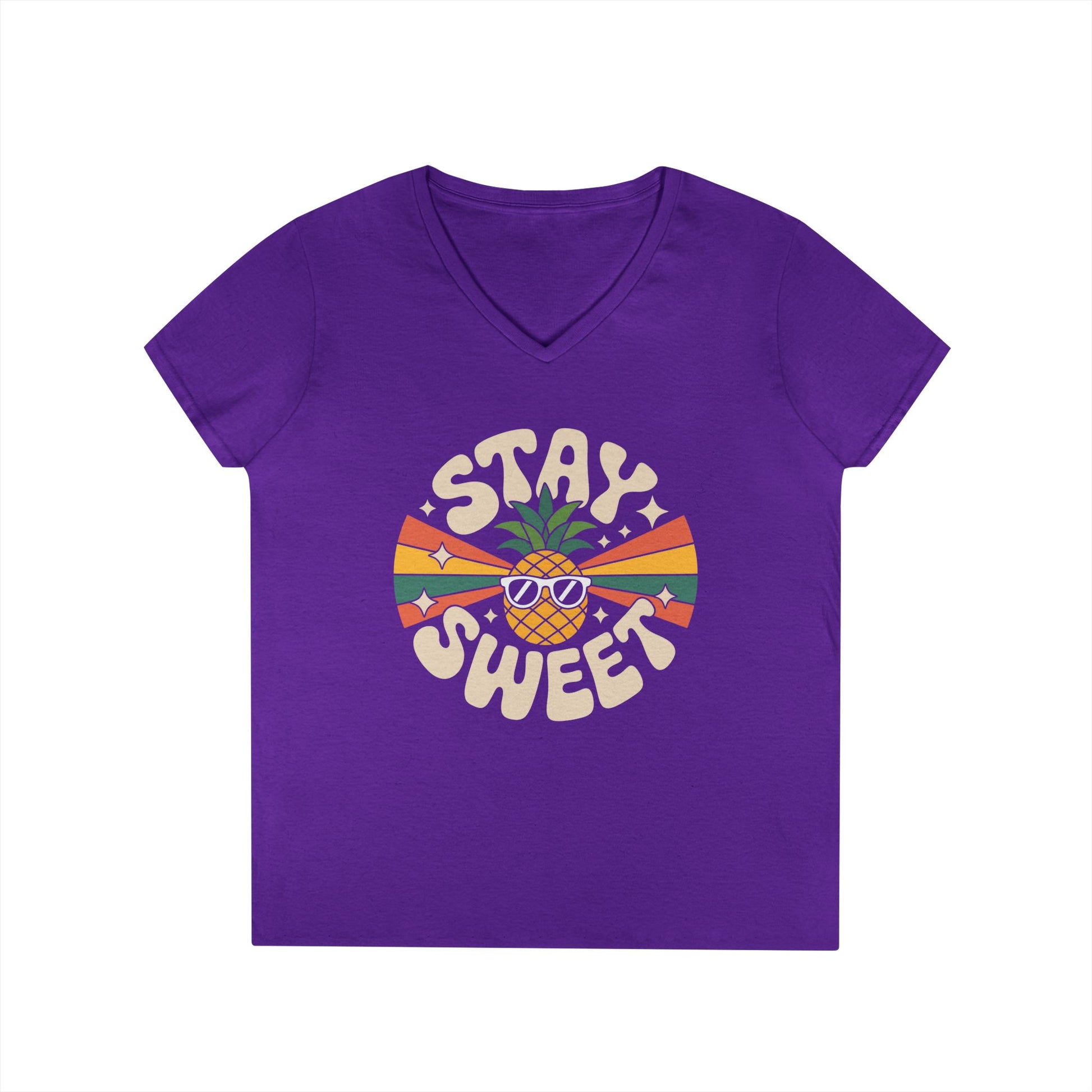 Stay Sweet Pineapple V-Neck T-Shirt for Women Retro Summer Vibes Style | TEEZOCA 
