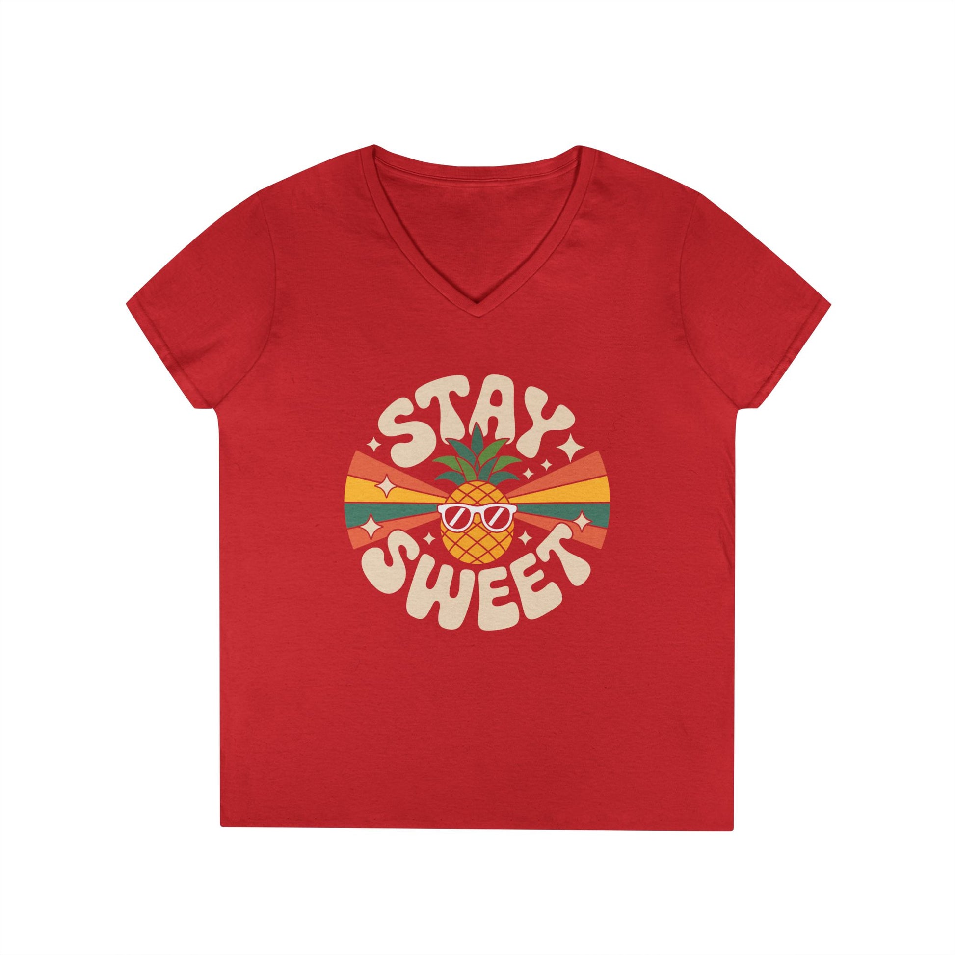 Stay Sweet Pineapple V-Neck T-Shirt for Women Retro Summer Vibes Style | TEEZOCA 