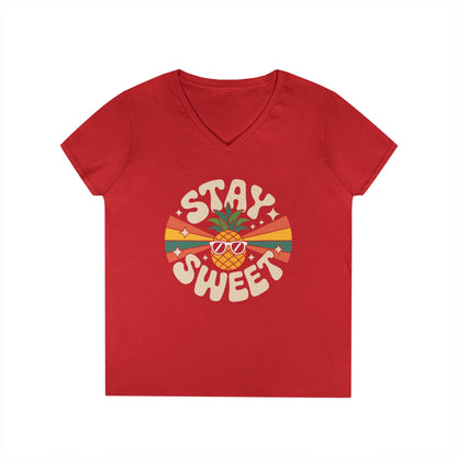 Stay Sweet Pineapple V-Neck T-Shirt for Women Retro Summer Vibes Style | TEEZOCA 