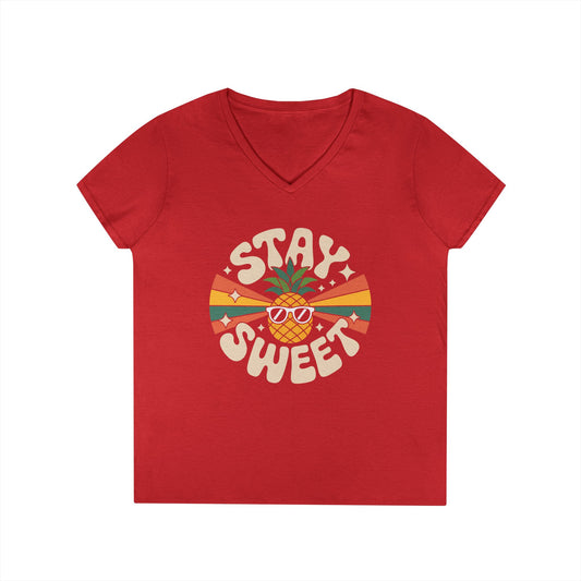 Stay Sweet Pineapple V-Neck T-Shirt for Women Retro Summer Vibes Style | TEEZOCA 