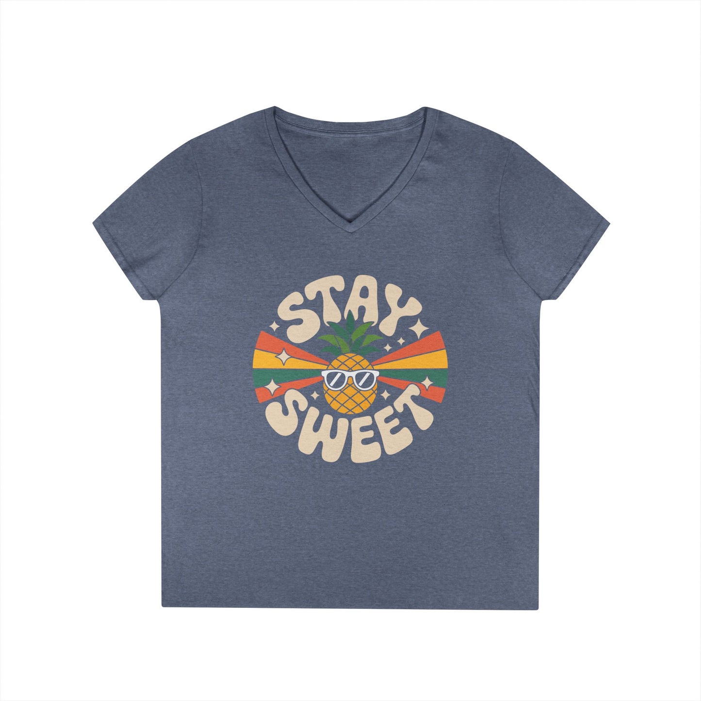 Stay Sweet Pineapple V-Neck T-Shirt for Women Retro Summer Vibes Style | TEEZOCA 