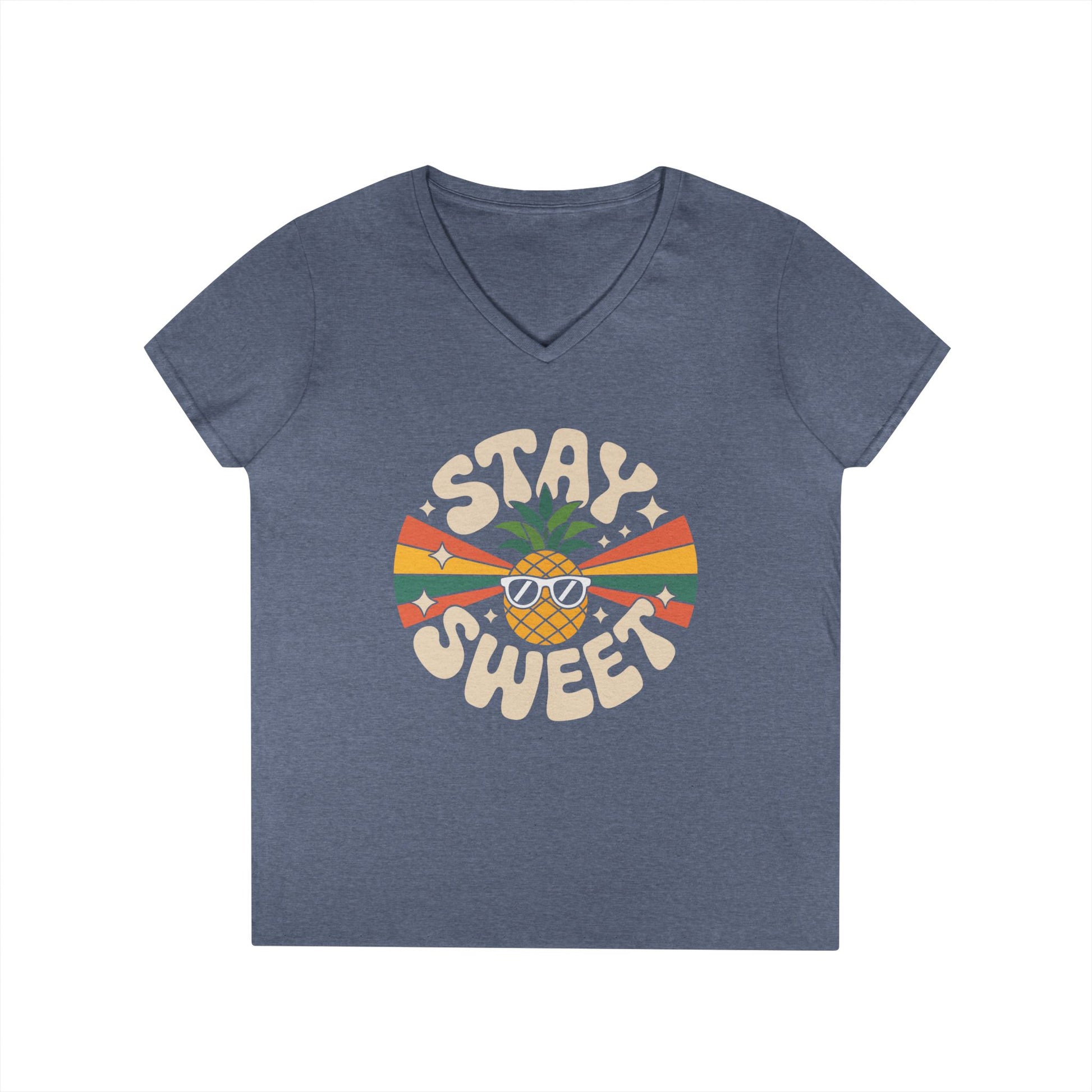 Stay Sweet Pineapple V-Neck T-Shirt for Women Retro Summer Vibes Style | TEEZOCA 