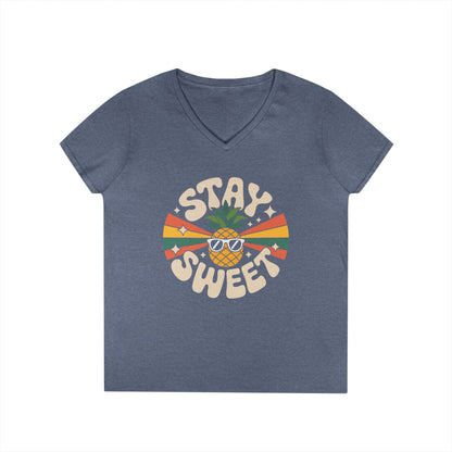 Stay Sweet Pineapple V-Neck T-Shirt for Women Retro Summer Vibes Style | TEEZOCA 