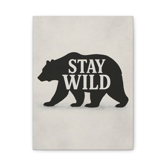TEEZOCA "Stay Wild" bear silhouette canvas print shown flat on textured grey background.