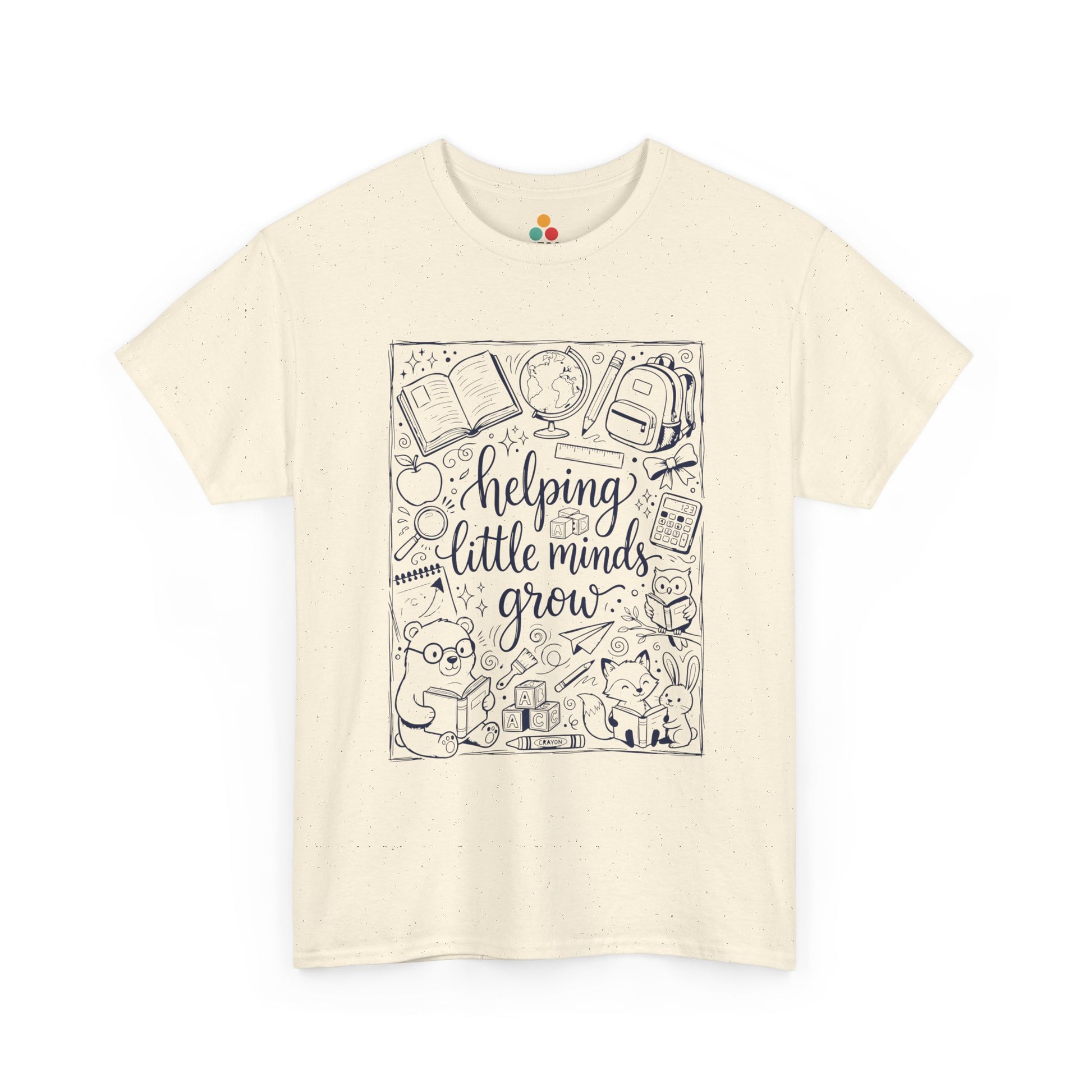 TEEZOCA T-Shirt with black and white back to school teacher design featuring “helping little minds grow” and school doodles on Beige fabric.

