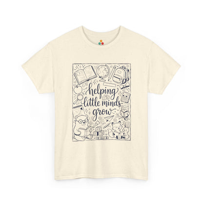 TEEZOCA T-Shirt with black and white back to school teacher design featuring “helping little minds grow” and school doodles on Beige fabric.


