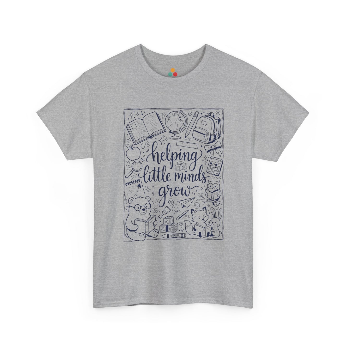 TEEZOCA T-Shirt with black and white back to school teacher design featuring “helping little minds grow” and school doodles on Gray fabric.


