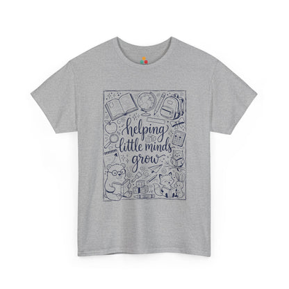 TEEZOCA T-Shirt with black and white back to school teacher design featuring “helping little minds grow” and school doodles on Gray fabric.

