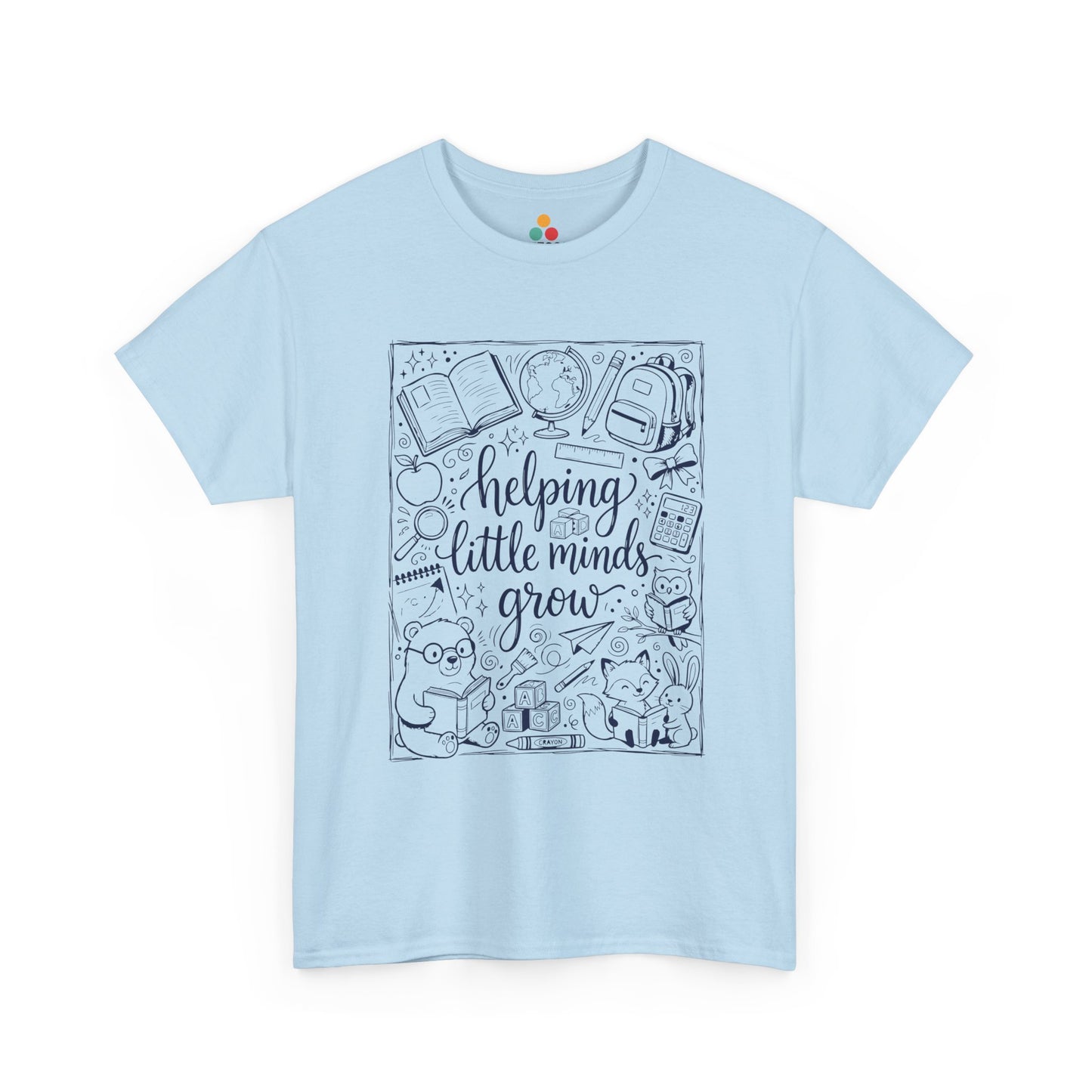 TEEZOCA T-Shirt with black and white back to school teacher design featuring “helping little minds grow” and school doodles on Light Blue fabric.

