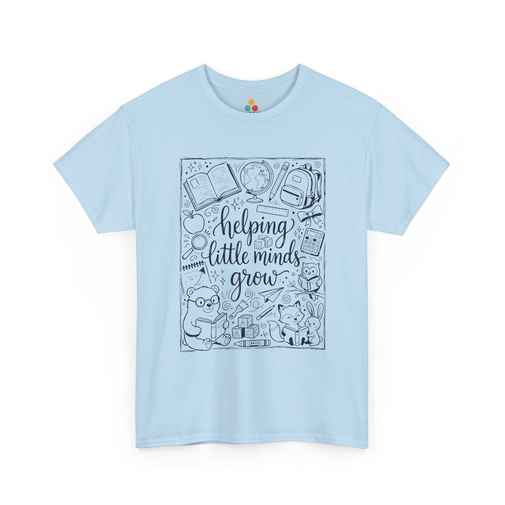 TEEZOCA T-Shirt with black and white back to school teacher design featuring “helping little minds grow” and school doodles on Light Blue fabric.

