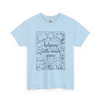 TEEZOCA T-Shirt with black and white back to school teacher design featuring “helping little minds grow” and school doodles on Light Blue fabric.

