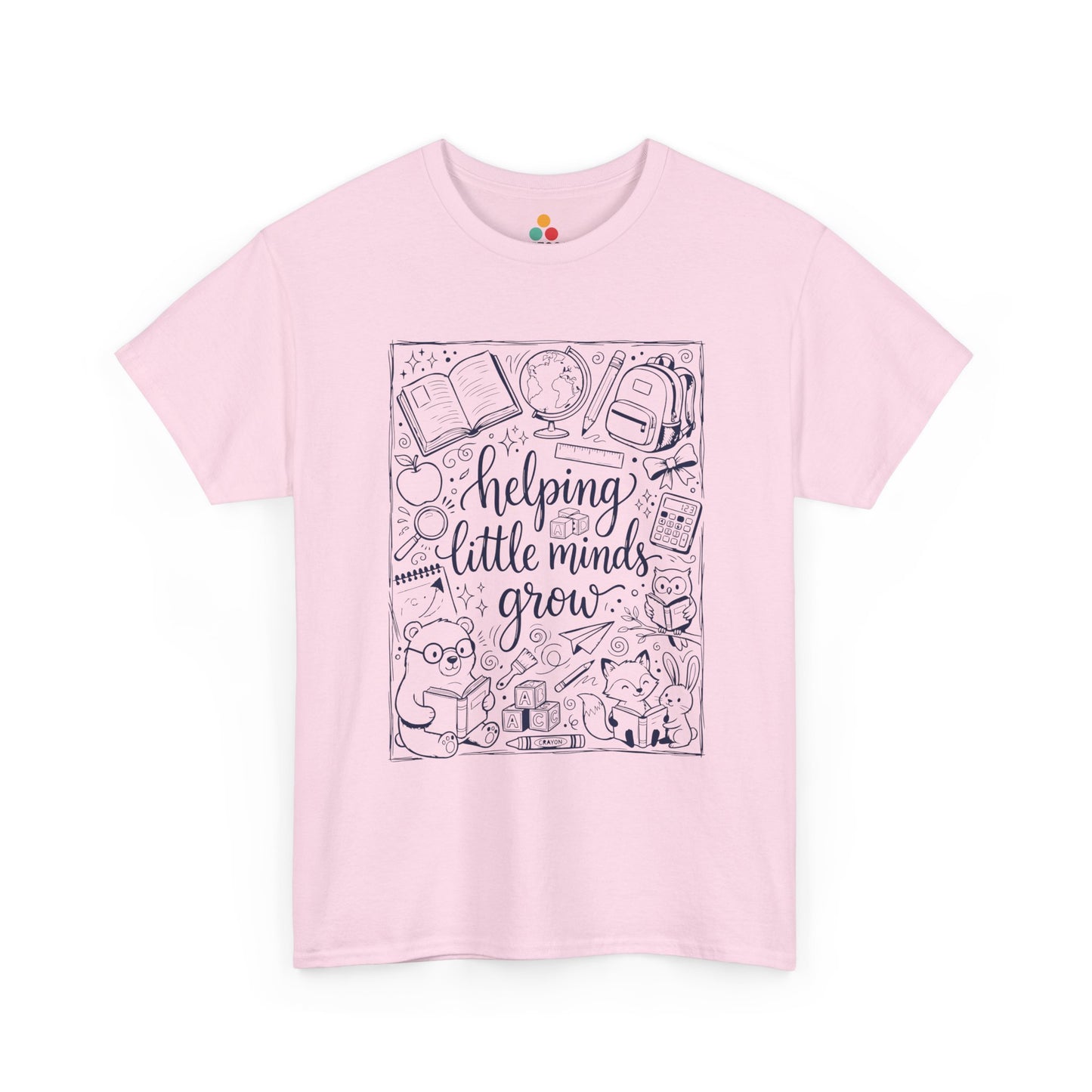 TEEZOCA T-Shirt with black and white back to school teacher design featuring “helping little minds grow” and school doodles on Light Pink fabric.


