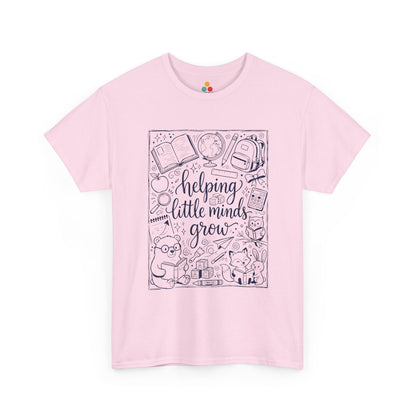 TEEZOCA T-Shirt with black and white back to school teacher design featuring “helping little minds grow” and school doodles on Light Pink fabric.

