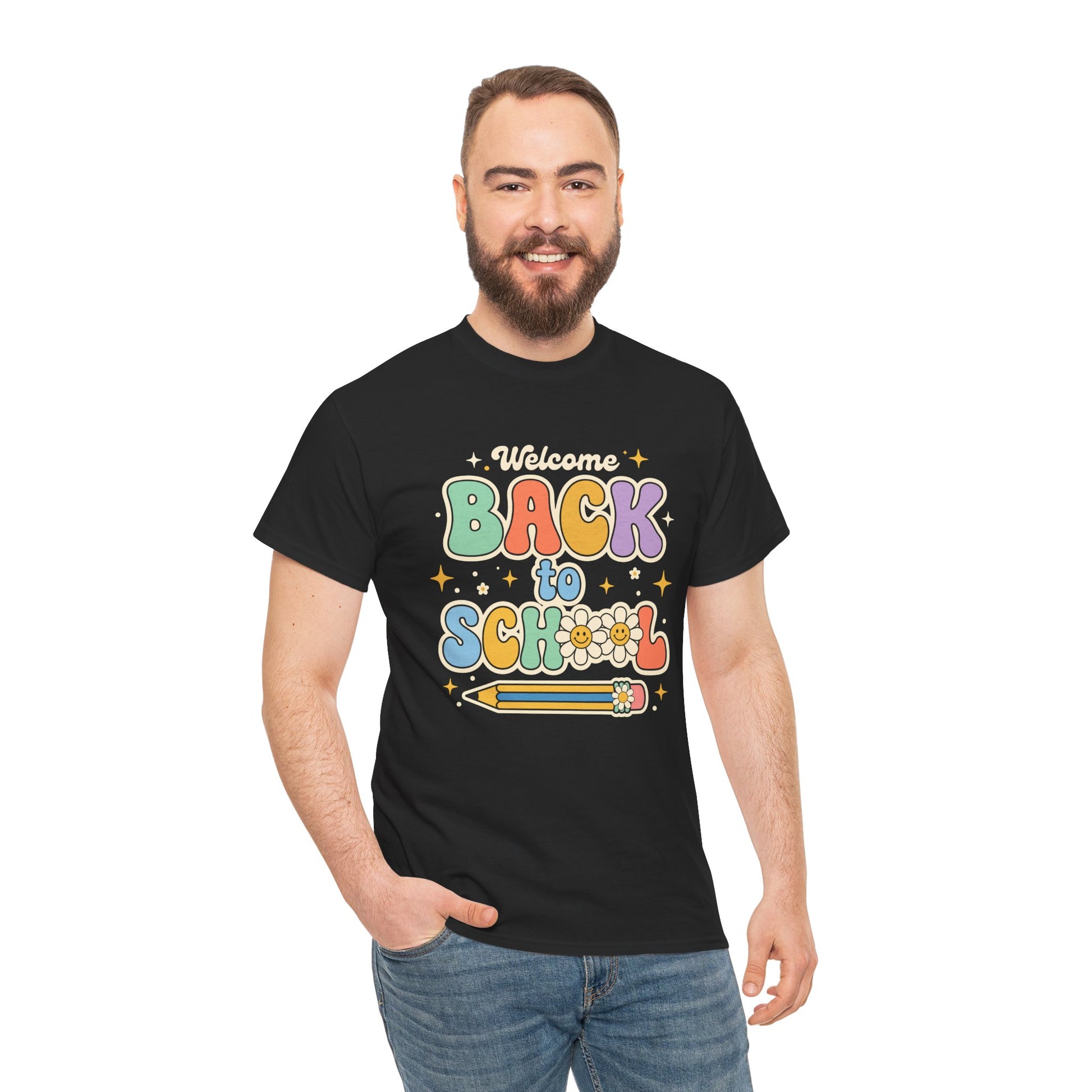 TEEZOCA T-Shirt with colorful “Welcome Back to School” retro school design featuring flowers and a pencil
