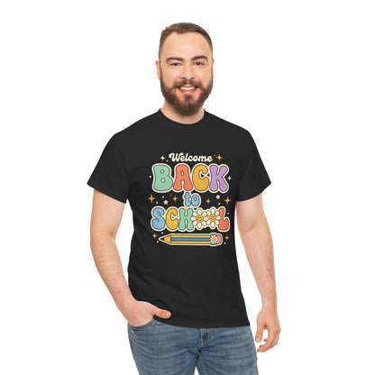 TEEZOCA T-Shirt with colorful “Welcome Back to School” retro school design featuring flowers and a pencil
