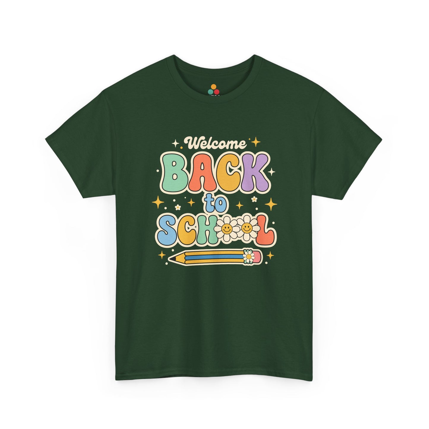Close up view of TEEZOCA T-Shirt with colorful “Welcome Back to School” retro school design featuring flowers and a pencil on Forest Green fabric.

