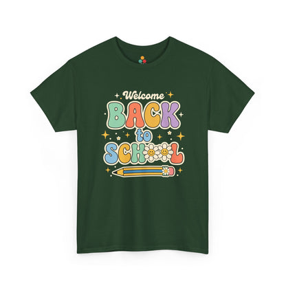 Close up view of TEEZOCA T-Shirt with colorful “Welcome Back to School” retro school design featuring flowers and a pencil on Forest Green fabric.

