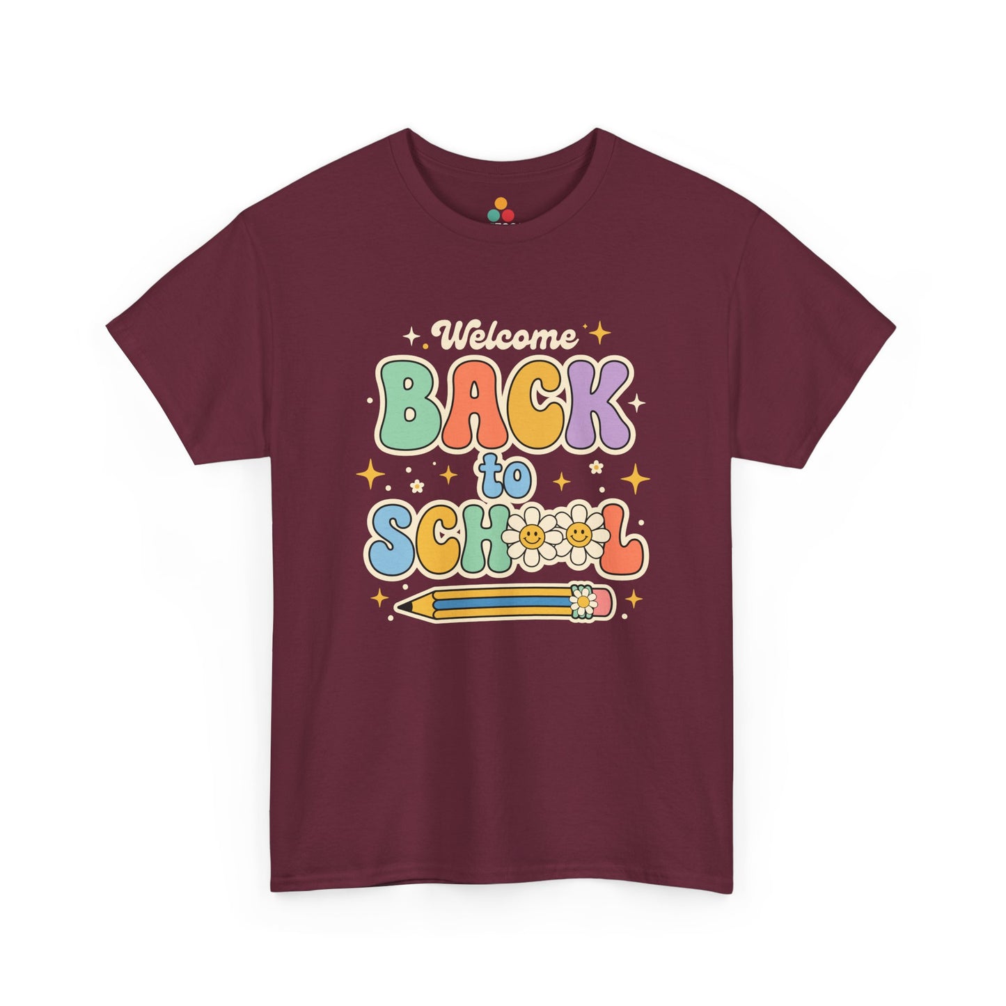 Close up view of TEEZOCA T-Shirt with colorful “Welcome Back to School” retro school design featuring flowers and a pencil on Maroon fabric.


