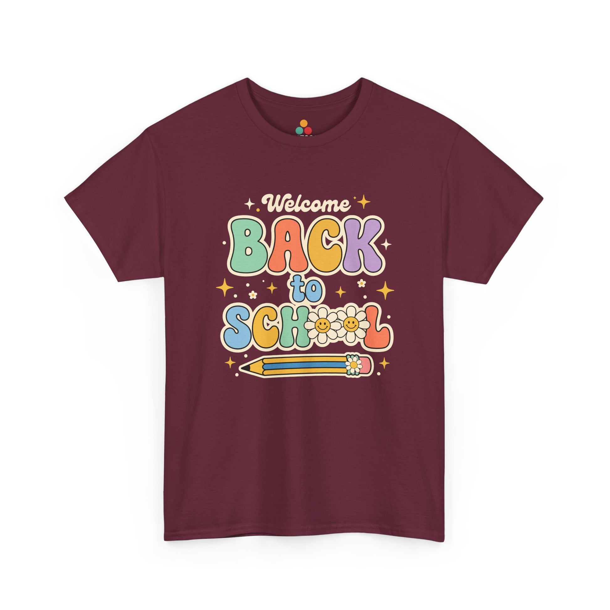 Close up view of TEEZOCA T-Shirt with colorful “Welcome Back to School” retro school design featuring flowers and a pencil on Maroon fabric.

