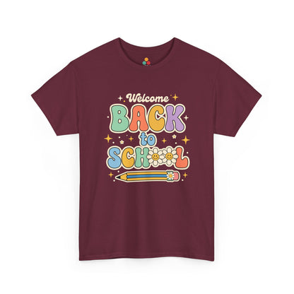 Close up view of TEEZOCA T-Shirt with colorful “Welcome Back to School” retro school design featuring flowers and a pencil on Maroon fabric.

