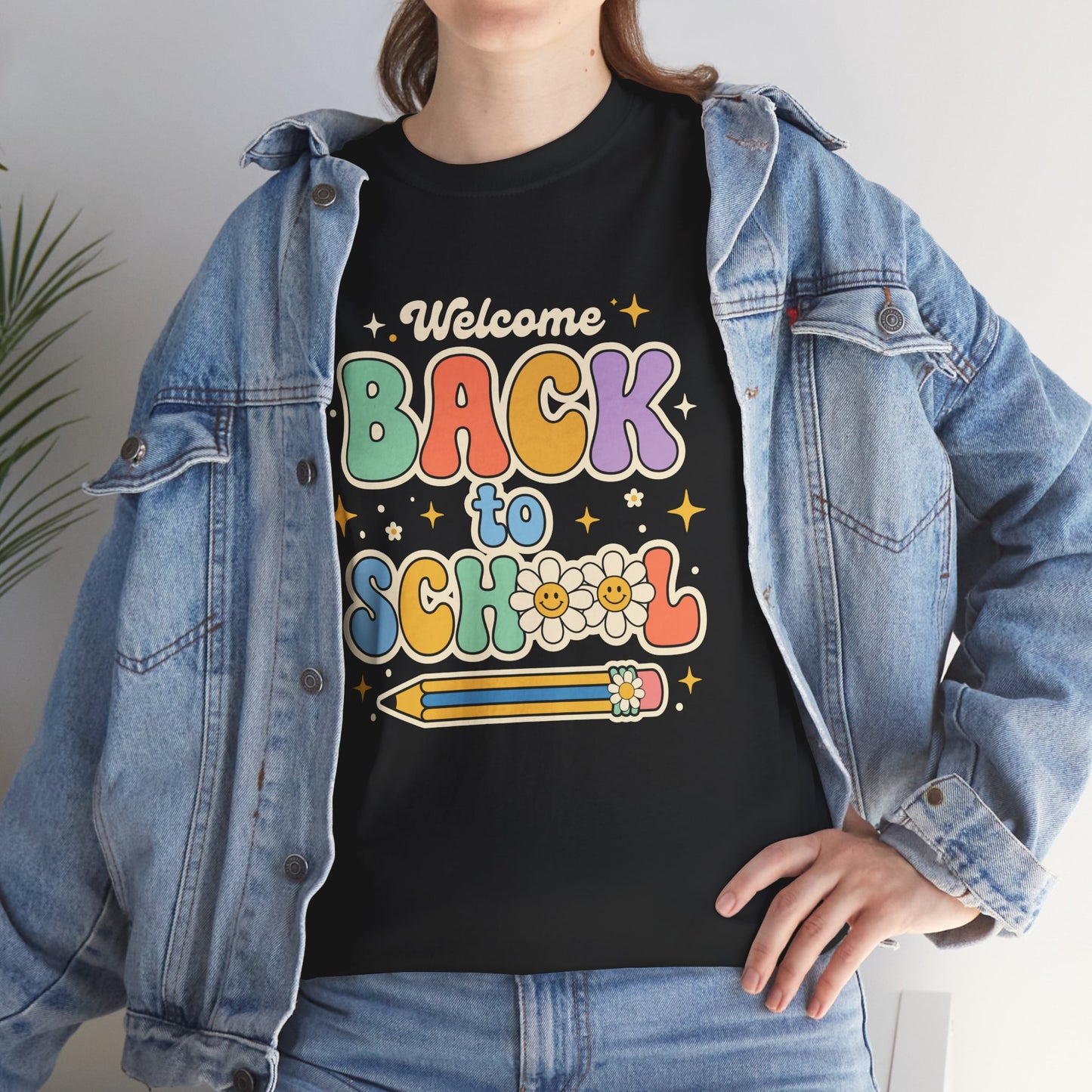 TEEZOCA T-Shirt with colorful “Welcome Back to School” retro school design featuring flowers and a pencil on  women lifestyle Mockup  fabric.

