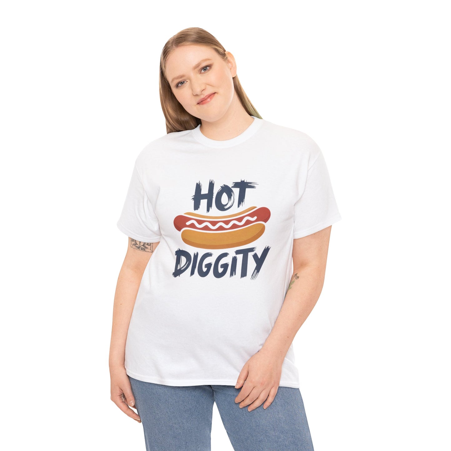 TEEZOCA T-shirt featuring a Cute Hot Dog Shirt design with Hot Diggity lettering and a simple mustard-topped hot dog doodle.
