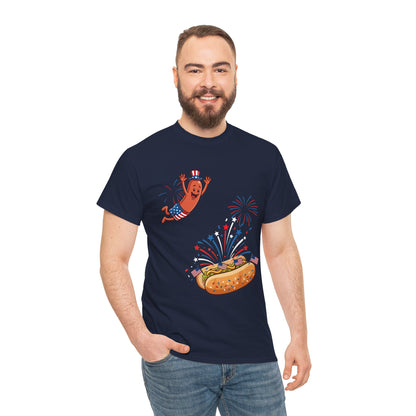 TEEZOCA T-shirt featuring a Glizzy Shirt design with an Exploding Hot Dog Shirt scene, fireworks, and red, white, and blue cookout chaos.
