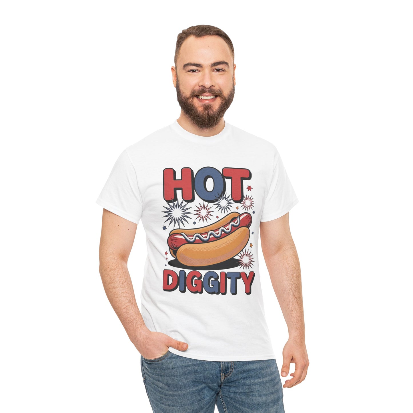 TEEZOCA T-shirt featuring a Hot Diggity Dog Shirt design with bold pop-art lettering, fireworks, and a hot dog poster layout.
