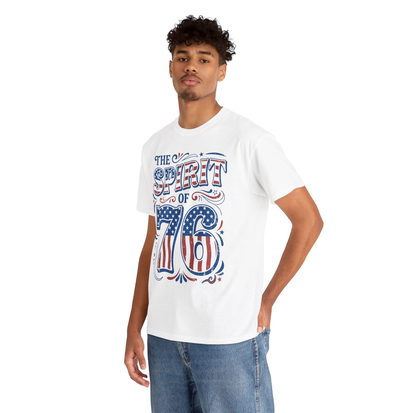 TEEZOCA T-shirt featuring a Spirit of 76 shirt design with ornate red, white, and blue colonial-inspired typography.
