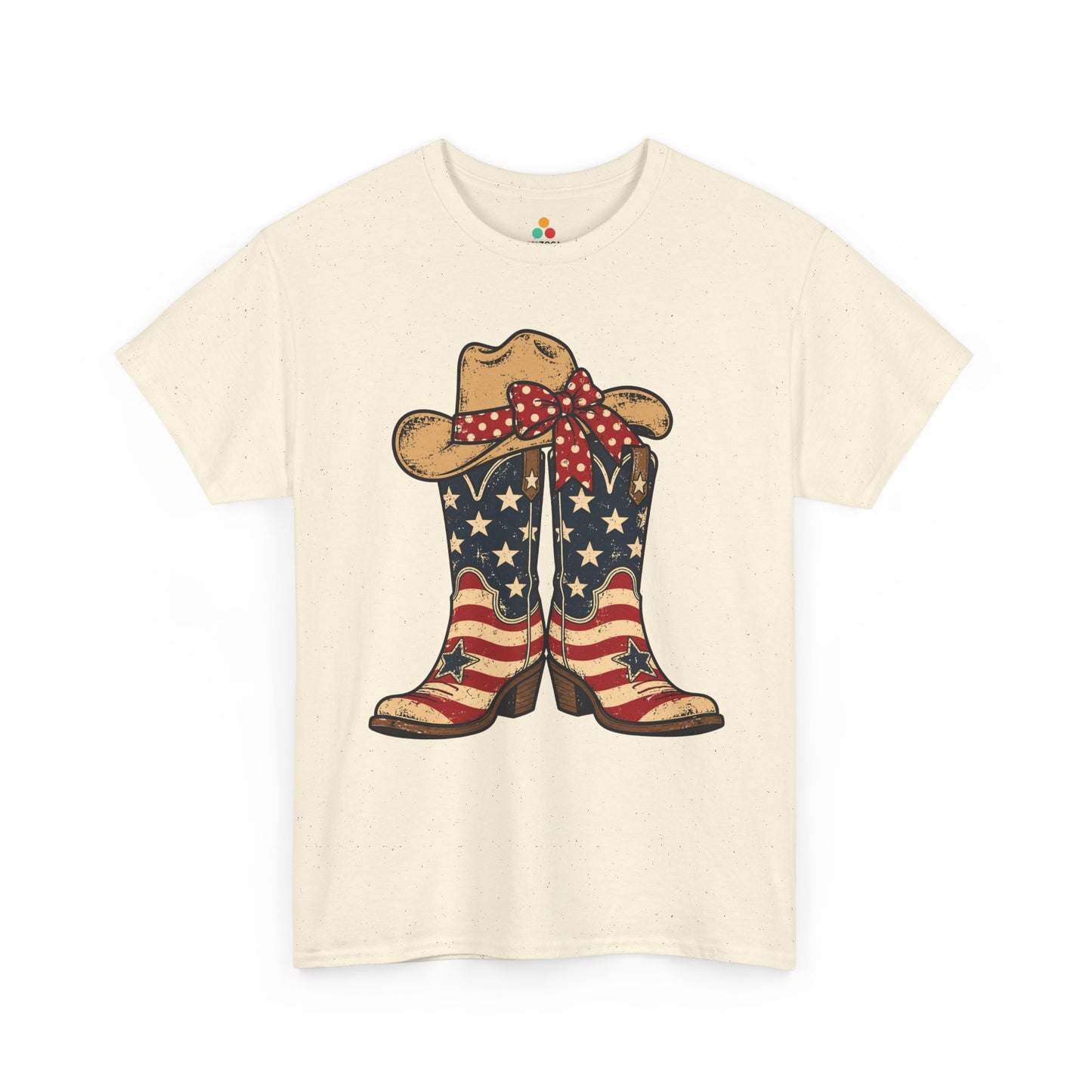 TEEZOCA T-shirt featuring a cowgirl shirt design with star-spangled boots and vintage Western 4th of July artwork.

