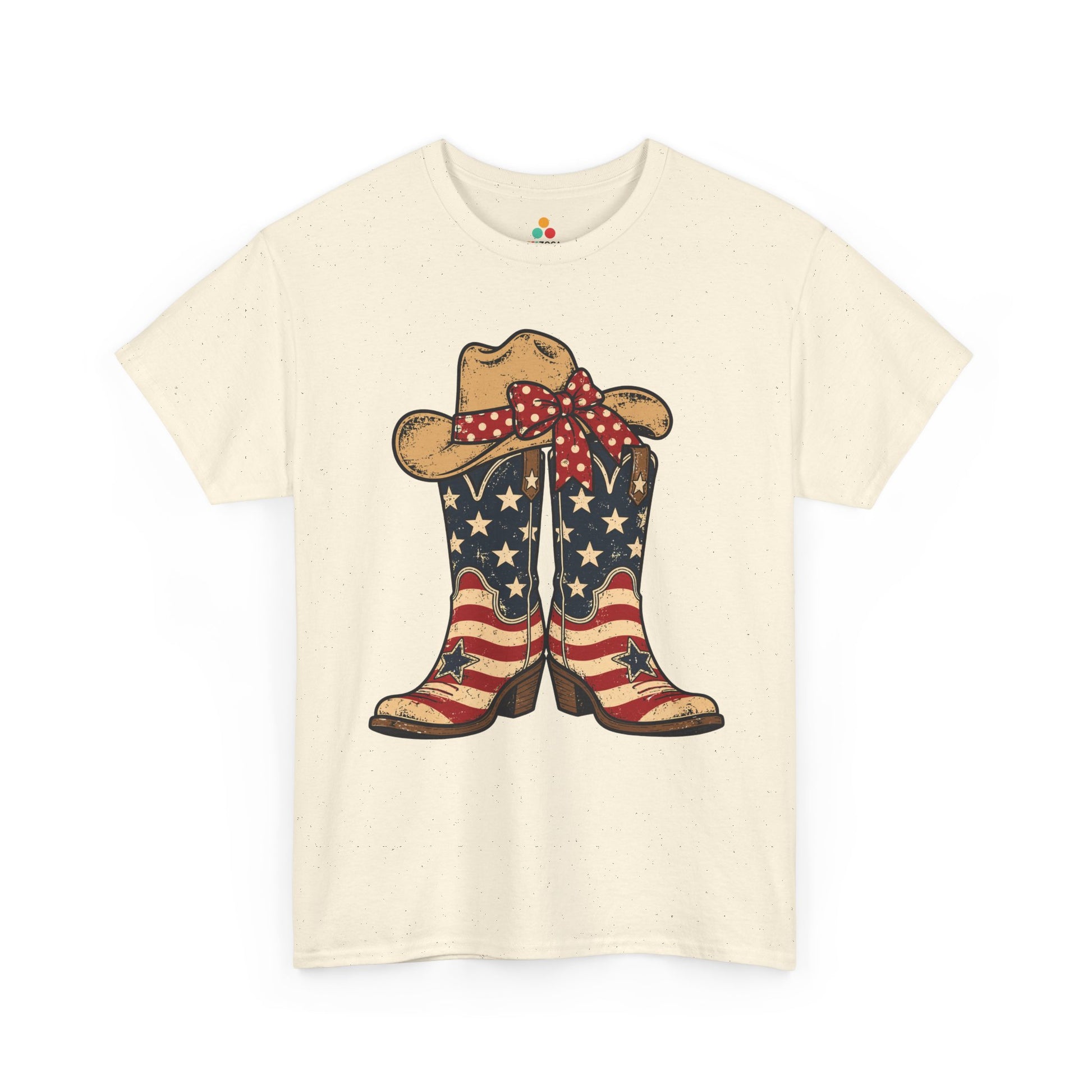 TEEZOCA T-shirt featuring a cowgirl shirt design with star-spangled boots and vintage Western 4th of July artwork.
