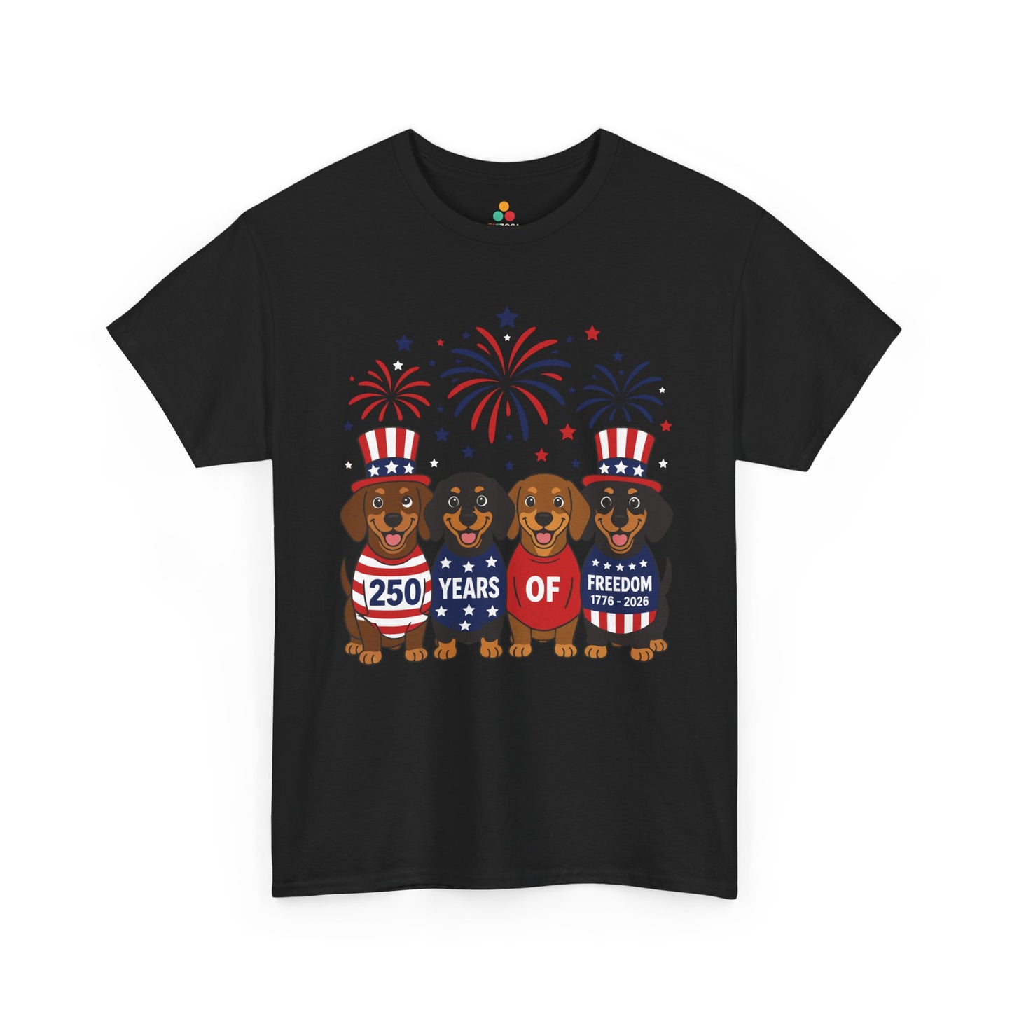 TEEZOCA T-shirt featuring a dachshund shirt design with smiling pups spelling 250 years of freedom for July 4.
