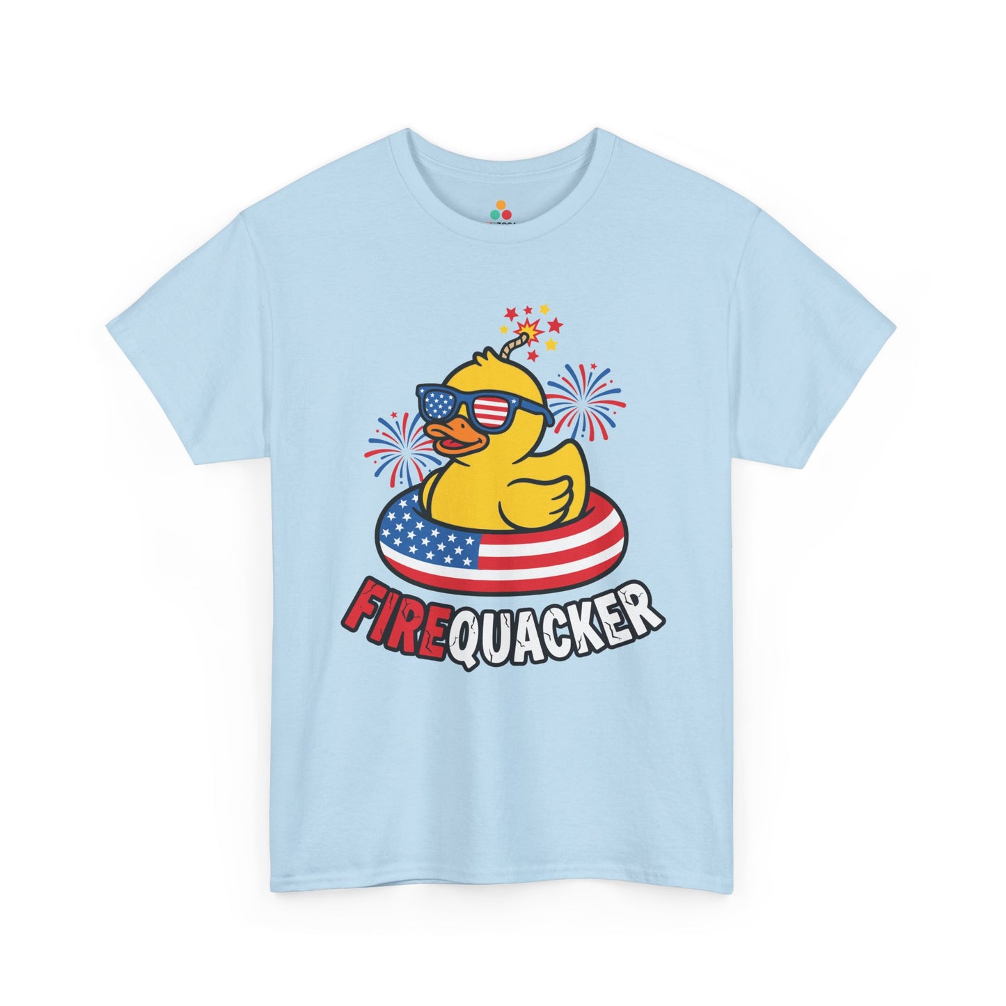 TEEZOCA T-shirt featuring a firequacker shirt design with a cute duck, lit fuse, stars, and 4th of July humor.
