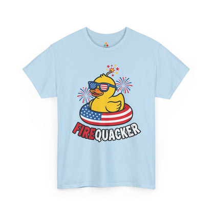 TEEZOCA T-shirt featuring a firequacker shirt design with a cute duck, lit fuse, stars, and 4th of July humor.

