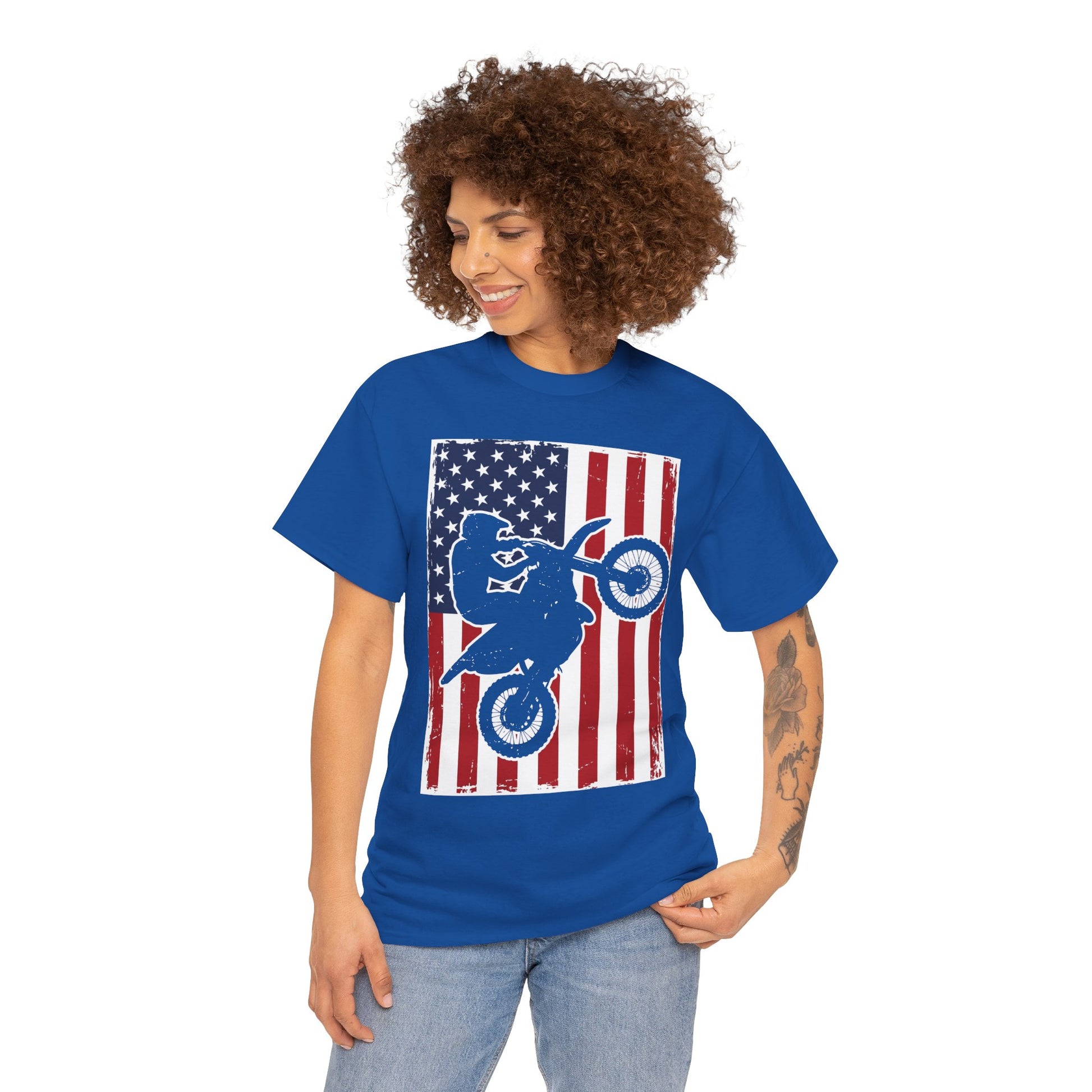 TEEZOCA T-shirt featuring a motocross shirt design with stars, stripes, and a bold MX rider graphic.
