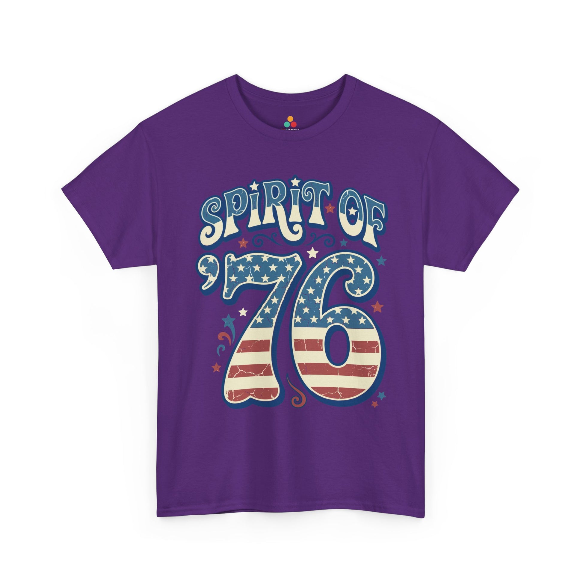 TEEZOCA T-shirt featuring a revolutionary war shirt design with large 76 numbers and founding era patriotic artwork.
