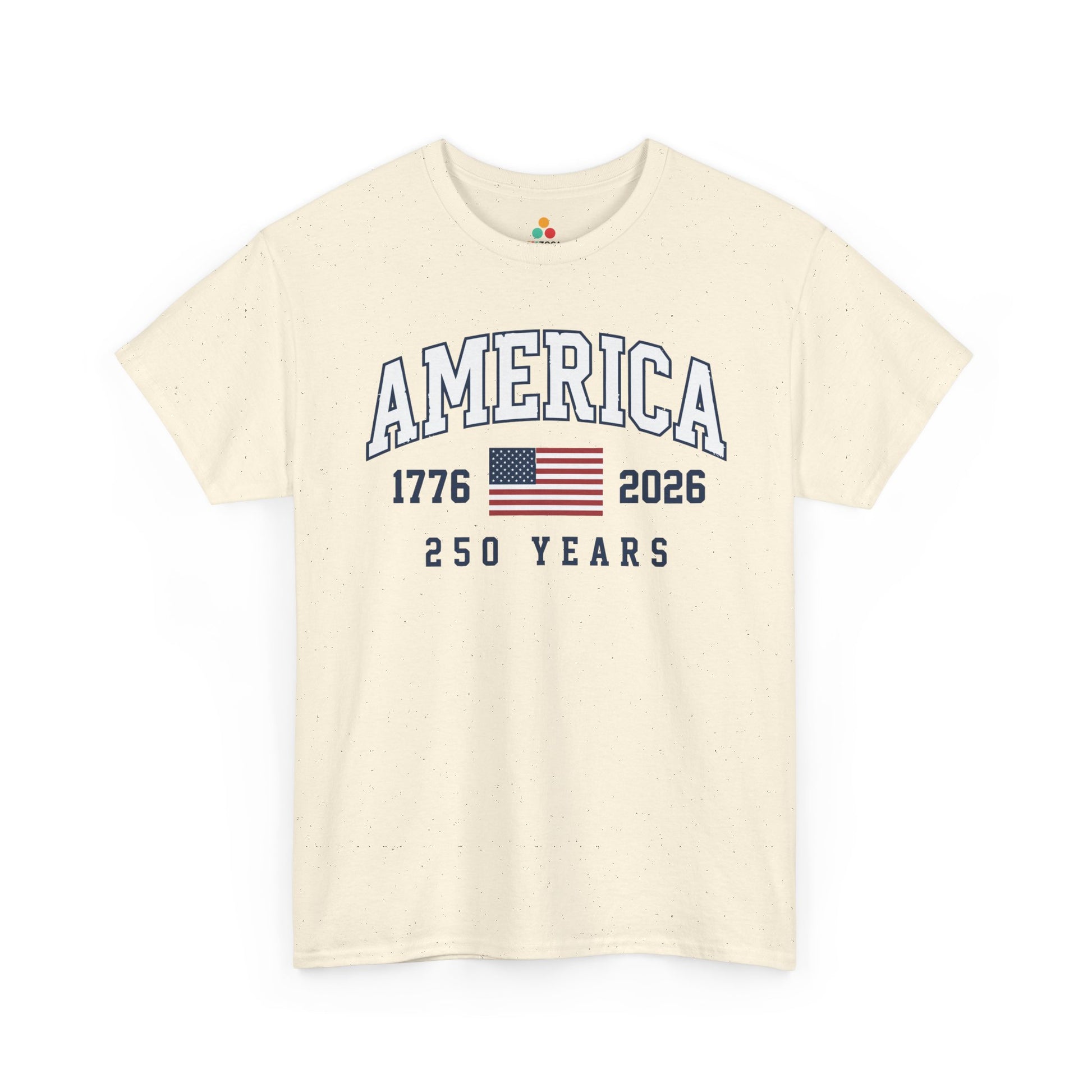 TEEZOCA T-shirt featuring a semiquincentennial shirt design with America, 250 years, and a classic American flag graphic.

