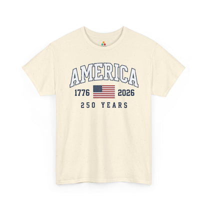 TEEZOCA T-shirt featuring a semiquincentennial shirt design with America, 250 years, and a classic American flag graphic.
