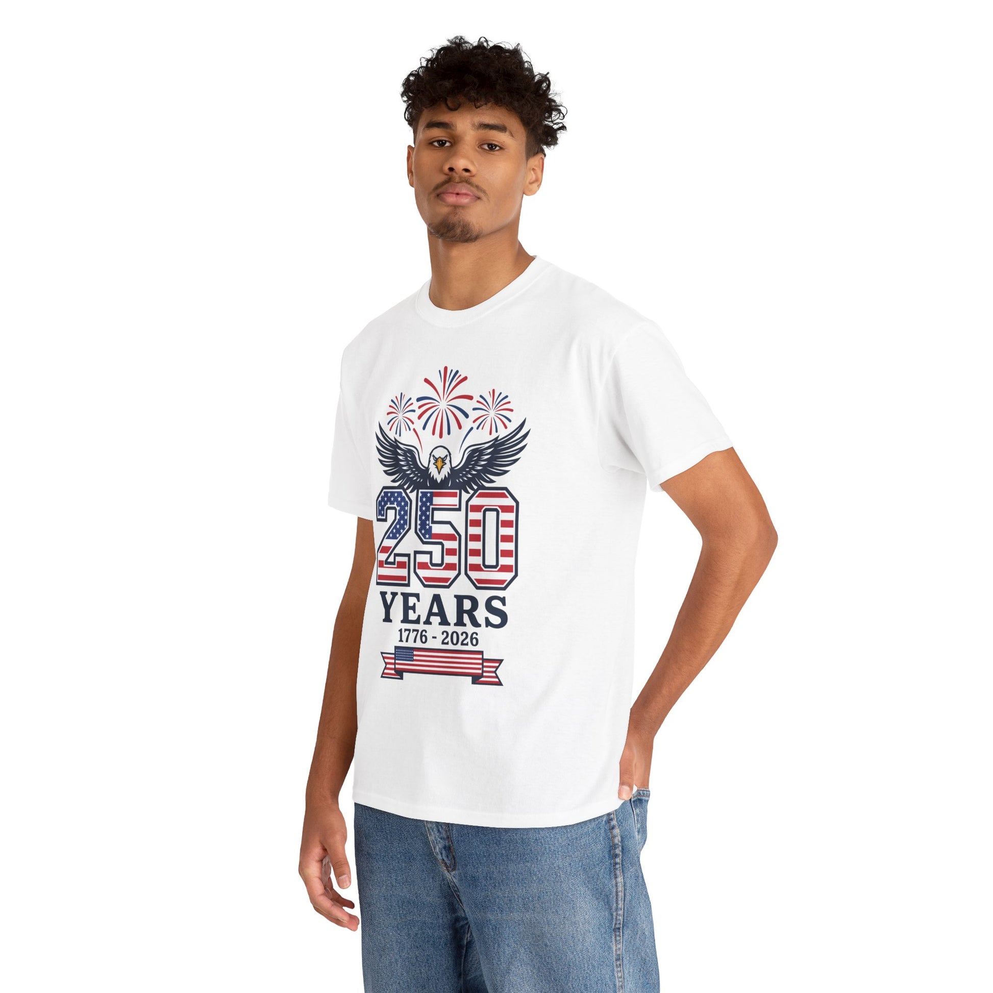 TEEZOCA T-shirt featuring an america shirt design with a navy eagle, red and blue fireworks, and America 250 years artwork.
