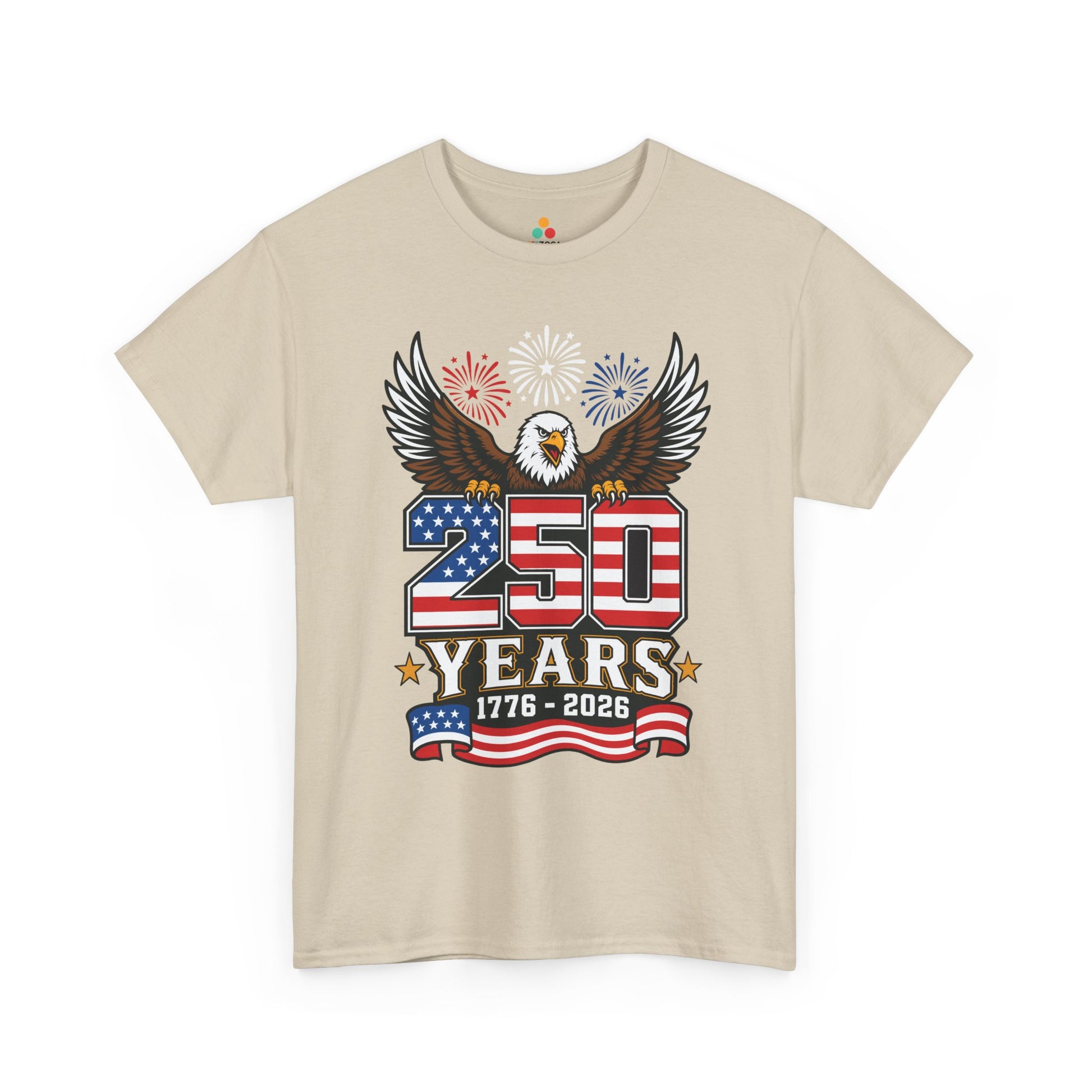 TEEZOCA T-shirt featuring patriotic shirts for men artwork with eagle talons gripping America 250 flag numbers.
