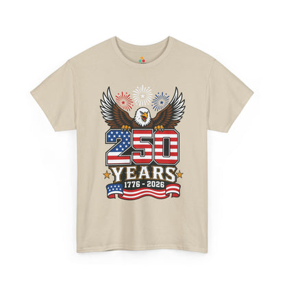 TEEZOCA T-shirt featuring patriotic shirts for men artwork with eagle talons gripping America 250 flag numbers.
