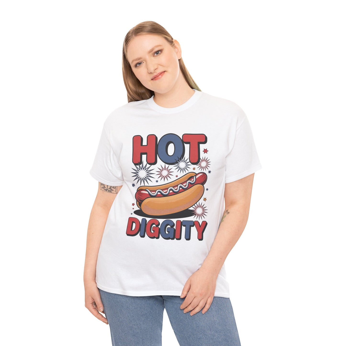 TEEZOCA T-shirt shows a Hot Diggity Dog Shirt with Comic Style Hot Dog Shirt energy and red, white, and blue bursts.
