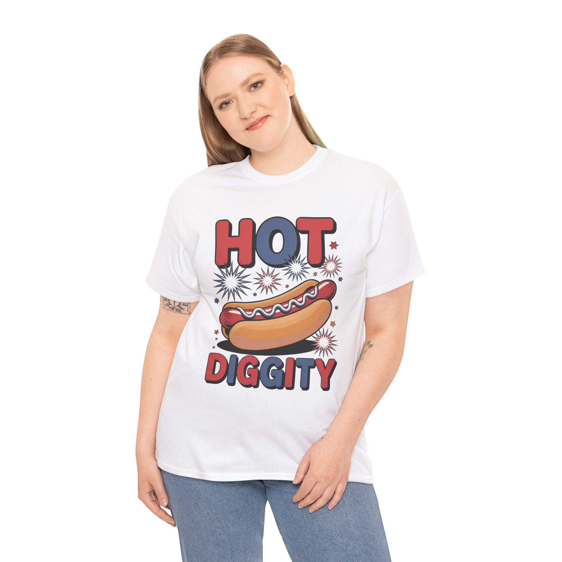TEEZOCA T-shirt shows a Hot Diggity Dog Shirt with Comic Style Hot Dog Shirt energy and red, white, and blue bursts.
