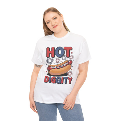 TEEZOCA T-shirt shows a Hot Diggity Dog Shirt with Comic Style Hot Dog Shirt energy and red, white, and blue bursts.
